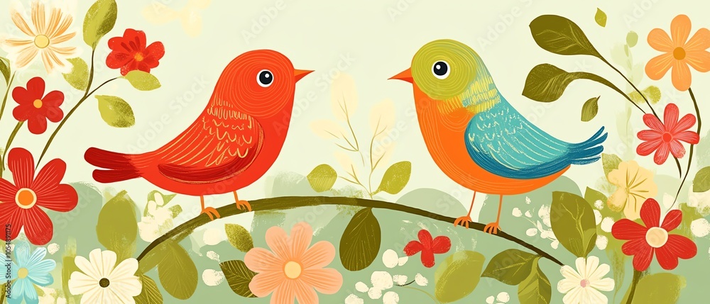 Obraz premium Two colorful birds perched in a floral setting