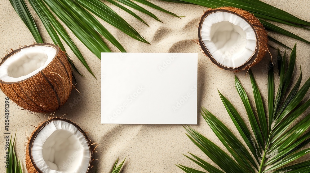 An empty blank white business paper card on beach sand coconut leaves background, travel, holiday, message, reviews, note, text mock up, nature, natural products An empty blank white business paper card on beach sand coconut leaves background, travel, holiday, message, reviews, note, text mock up, nature, natural products