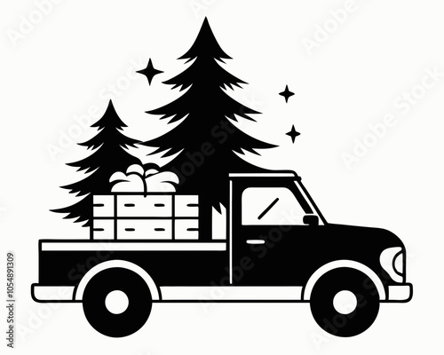 Christmas tree in pickup truck silhouette vector,Christmas silhouette