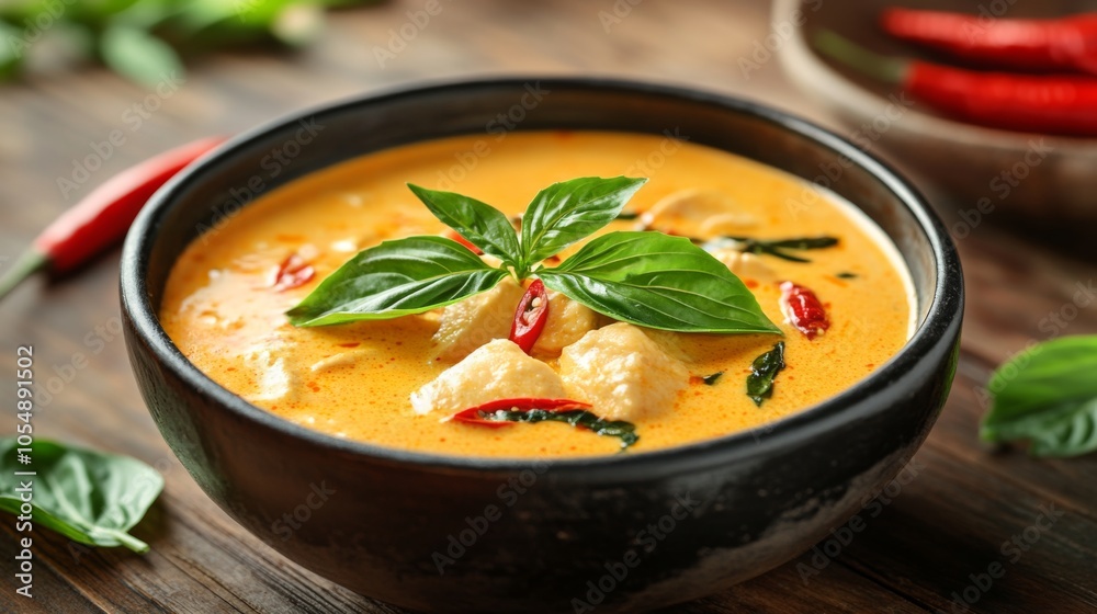 Flavorful Curry Dish with Fresh Basil and Chili Peppers
