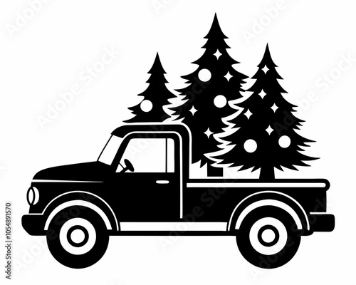 Christmas tree in pickup truck silhouette vector,Christmas silhouette