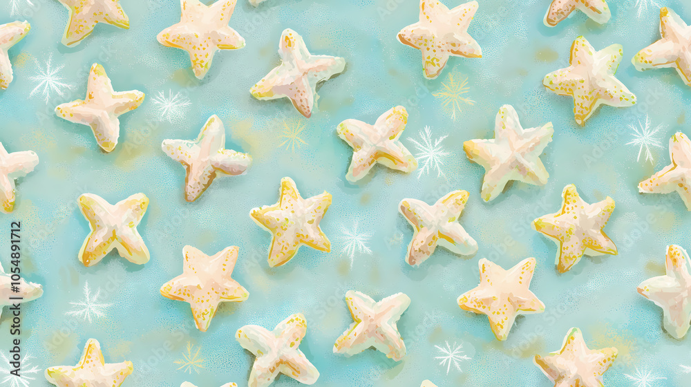 Pastel starfish pattern on a blue background with white snowflake accents Pastel starfish pattern on a blue background with white snowflake accents