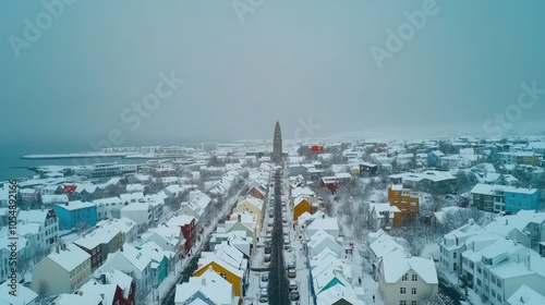 Panoramic view of Reykjavik under a blanket of snow, with colorful rooftops and the iconic Hallgrmskirkja church rising above. No people included. photo