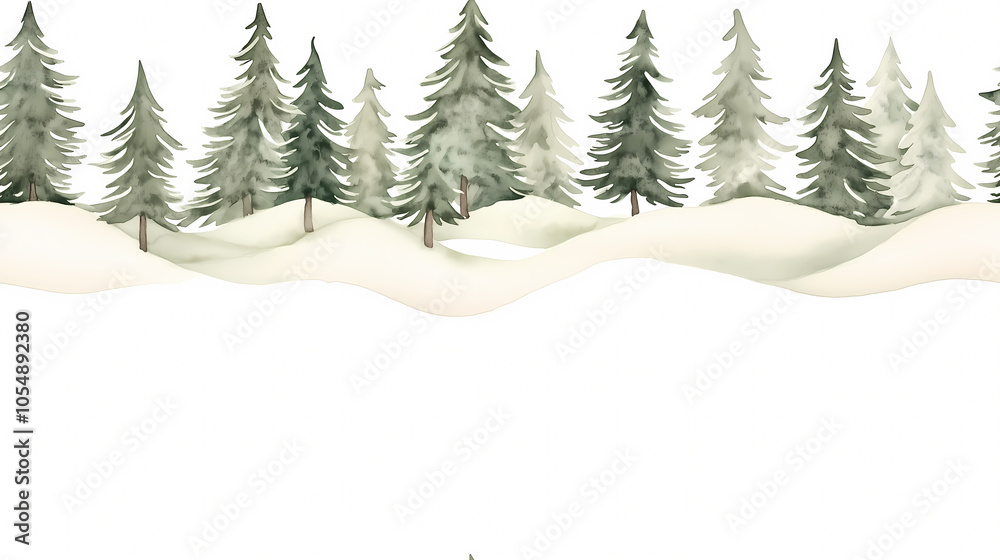 Obraz premium Watercolor painting of a snow-covered forest with evergreen trees