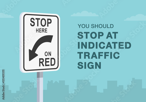 Safe driving tips and traffic regulation rules. Close-up of United States "stop here on red" sign. Stop at indicated traffic sign. Flat vector illustration template.