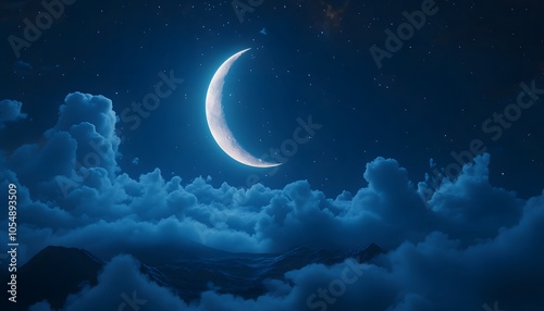 A serene night sky featuring a glowing crescent moon surrounded by soft clouds and twinkling stars.