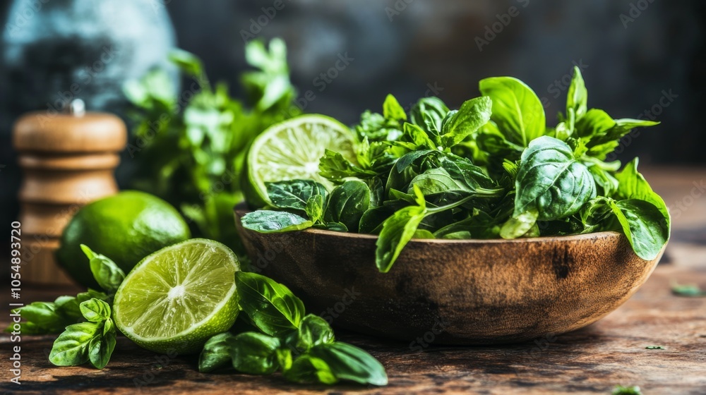 Fresh Herbs and Lime in Rustic Kitchen Setting