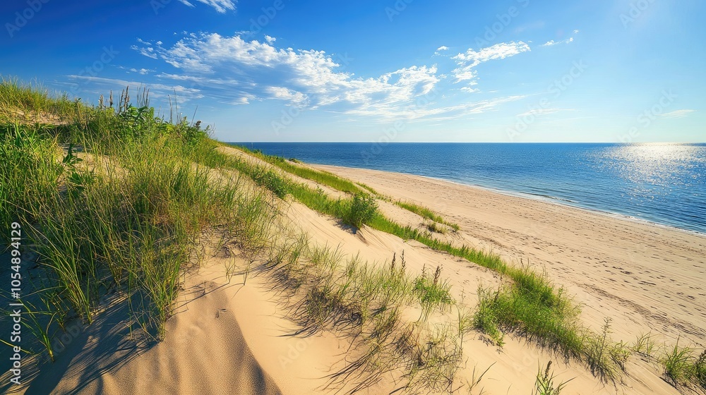 Scenic shot of the island wind-swept dunes, contrasting the golden sands with the blue sky and green vegetation nearby. No people included. Scenic shot of the island wind-swept dunes, contrasting the golden sands with the blue sky and green vegetation nearby. No people included.