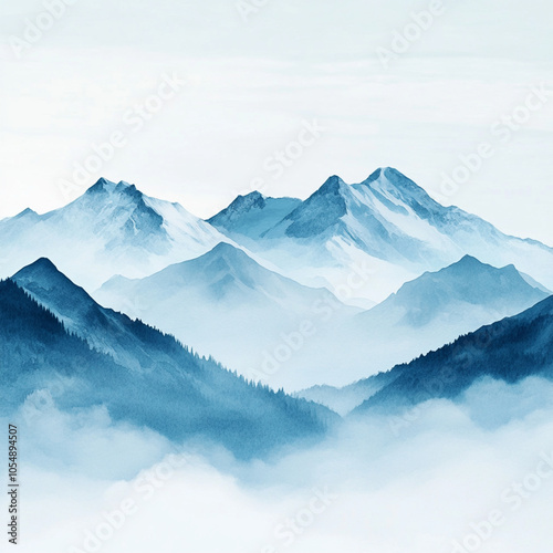 Wallpaper Mural now-capped mountains in the fog, watercolor effect, soft blues and whites, peaceful atmosphere,Generative AI
 Torontodigital.ca