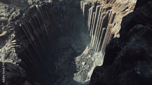 Scenic view of Fingal's Cave from above, capturing the unique shapes of the columns and the interplay of light and shadow inside. No people included. photo