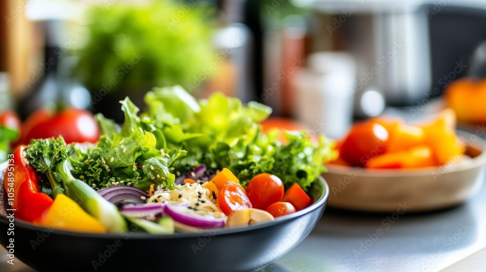 Fresh Noodle Bowl with Colorful Vegetables in Kitchen Fresh Noodle Bowl with Colorful Vegetables in Kitchen