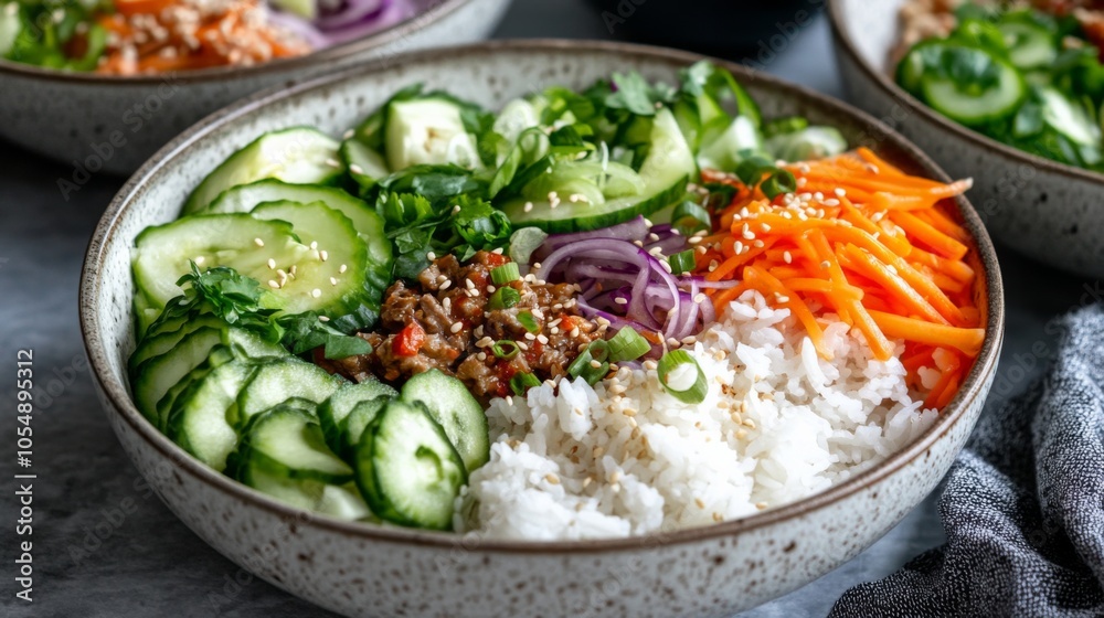 Fresh Noodle Bowls with Vegetables and Sesame Seeds Fresh Noodle Bowls with Vegetables and Sesame Seeds