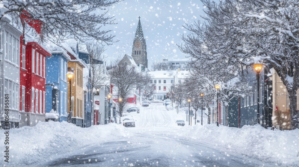 Fototapeta premium Scenic view of Reykjaviks snowy streets, with colorful houses and the towering Hallgrmskirkja church in the background. No people included.