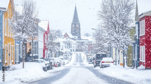 Scenic view of Reykjaviks snowy streets, with colorful houses and the towering Hallgrmskirkja church in the background. No people included. photo