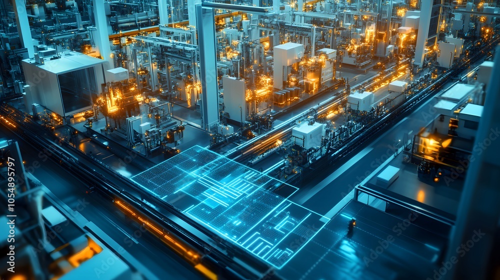 A vibrant overhead view of a modern industrial facility, featuring complex machinery and illuminated pathways for a dynamic look. A vibrant overhead view of a modern industrial facility, featuring complex machinery and illuminated pathways for a dynamic look.