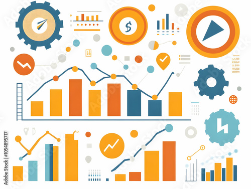 Flat AI Data Gear Vector with Glowing Elements and Upward Arrows for Growth, Technology Expertise, Smart Business Infographics, Isolated on White Background, Digital Innovation Design