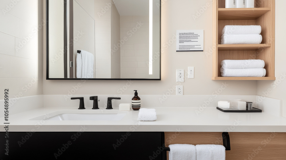 Fototapeta premium Modern bathroom with sleek design featuring white countertop, black faucets, and neatly arranged towels. minimalist aesthetic creates clean and inviting atmosphere