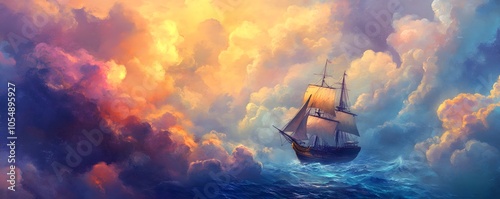 A vibrant seascape featuring a majestic ship sailing under colorful clouds during sunset. Perfect for travel and adventure themes.