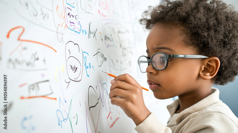 A focused boy is writing on whiteboard filled with colorful mathematical equations and drawings, showcasing his curiosity and engagement in learning A focused boy is writing on whiteboard filled with colorful mathematical equations and drawings, showcasing his curiosity and engagement in learning