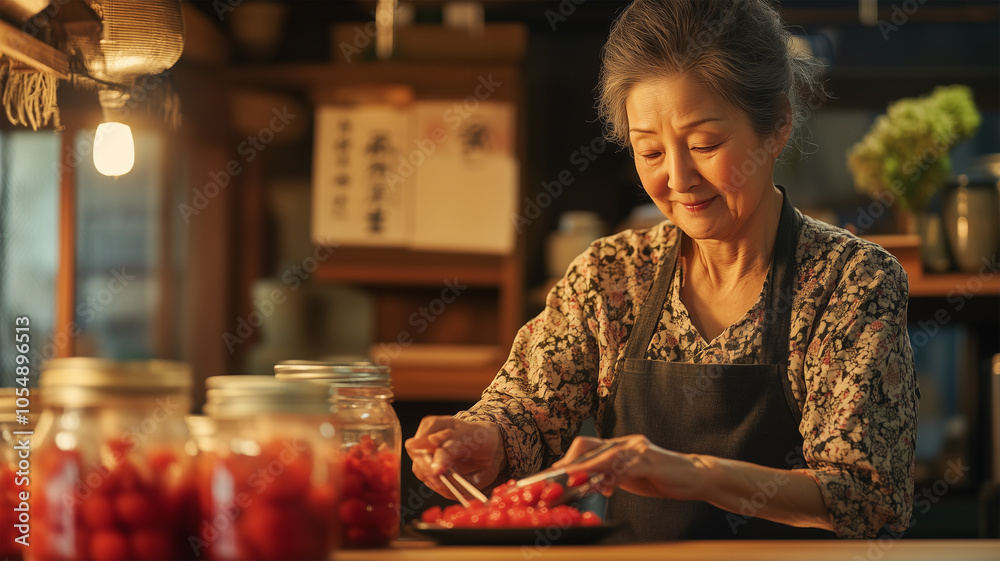 Fototapeta premium 梅干し作りをする日本人女性