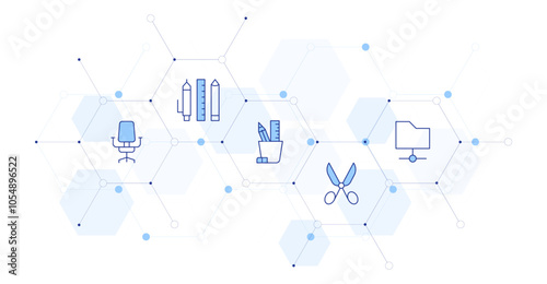 Office Banner Vector Illustration with Icon Style in Between. Line Duotone icon. Containing scissors, stationery, folder, chair, pencil holder