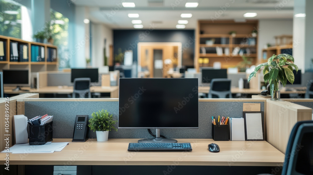 modern and organized office cubicle with computer setup, plants, and stationery modern and organized office cubicle with computer setup, plants, and stationery