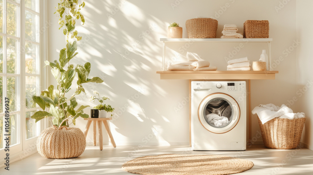A bright and airy laundry room featuring modern washing machine, neatly arranged towels, and decorative plants. warm sunlight casts beautiful shadows, creating serene atmosphere A bright and airy laundry room featuring modern washing machine, neatly arranged towels, and decorative plants. warm sunlight casts beautiful shadows, creating serene atmosphere