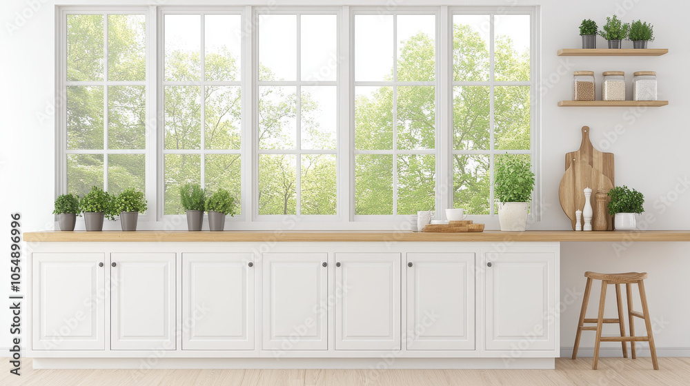 A bright and airy kitchen featuring large windows that bring in natural light, complemented by wooden countertop and potted plants. minimalist design creates serene atmosphere A bright and airy kitchen featuring large windows that bring in natural light, complemented by wooden countertop and potted plants. minimalist design creates serene atmosphere