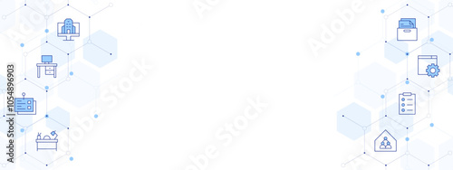 Office Banner Vector Illustration with Two-sided Icon Style. Line Duotone icon. Containing workspace, office, task, settings, desk, notes, storage box