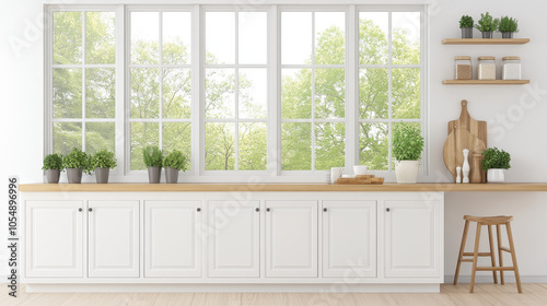 A bright and airy kitchen featuring large windows that bring in natural light, complemented by wooden countertop and potted plants. minimalist design creates serene atmosphere