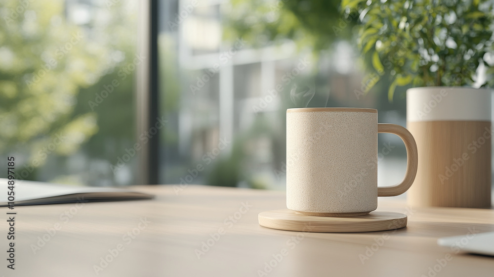 A cozy scene featuring steaming cup of coffee on wooden table, surrounded by greenery and natural light. warm atmosphere invites relaxation and comfort A cozy scene featuring steaming cup of coffee on wooden table, surrounded by greenery and natural light. warm atmosphere invites relaxation and comfort