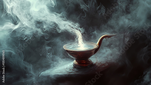 Soft light emanates from a vintage aladdin-style lamp, as swirling white smoke dances in the dark, inviting magical genie dreams and wishful thinking. Djinn in a Lamp. Illustration