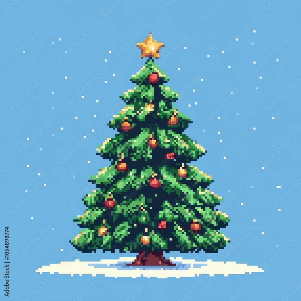 Pixel art Christmas tree with ornaments and snowfall. Pixel art Christmas tree with ornaments and snowfall.