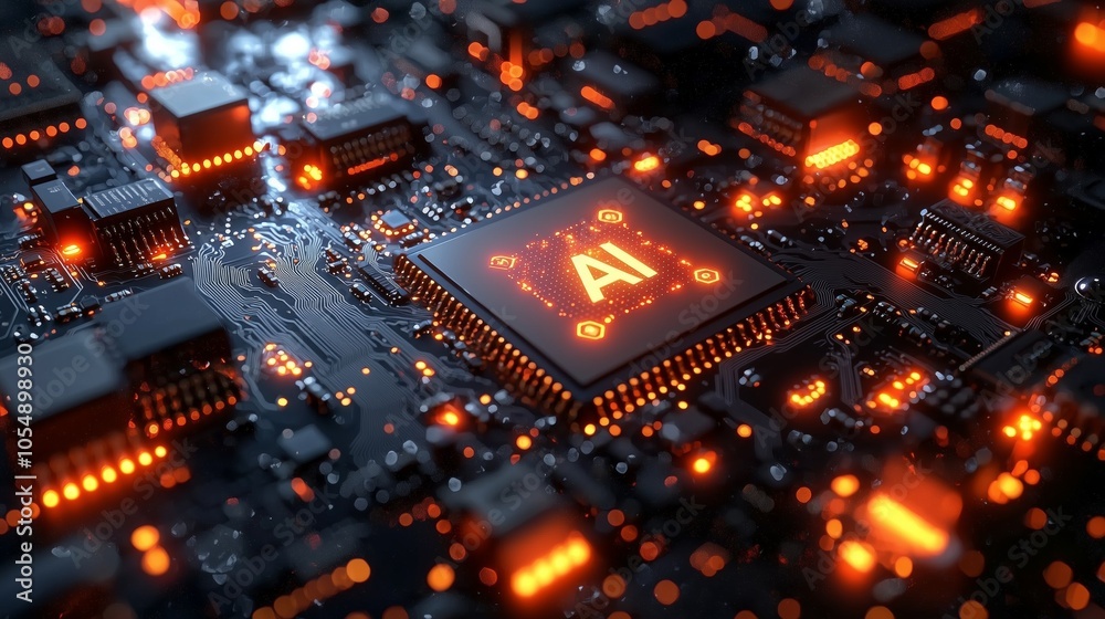 Close-up of an illuminated AI circuit board with neon orange glow depicts advanced technology in a high-tech environment. Close-up of an illuminated AI circuit board with neon orange glow depicts advanced technology in a high-tech environment.