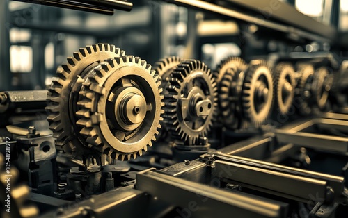 Detailed close-up of metallic gears in a machine, showcasing intricate design and engineering excellence in a factory setting. photo