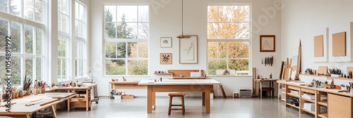 A bright and spacious art studio filled with natural light, featuring wooden tables, art supplies, and large windows overlooking serene landscape. atmosphere is inspiring and creative