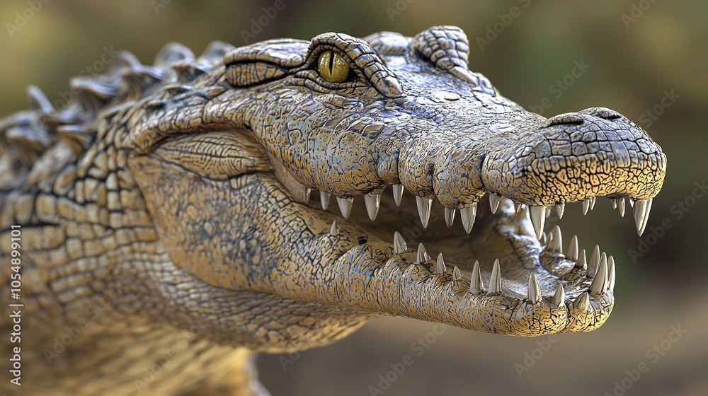 Fototapeta premium Close Up of Crocodile Jaw with Sharp Teeth and Yellow Eye