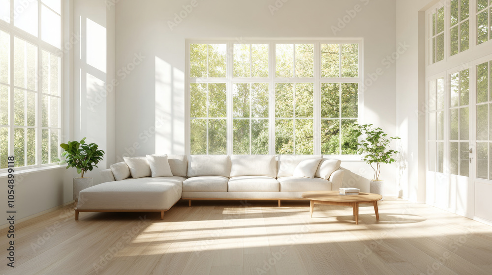 Fototapeta premium A bright and airy living room featuring modern white sofa, large windows allowing natural light, and indoor plants that enhance serene atmosphere