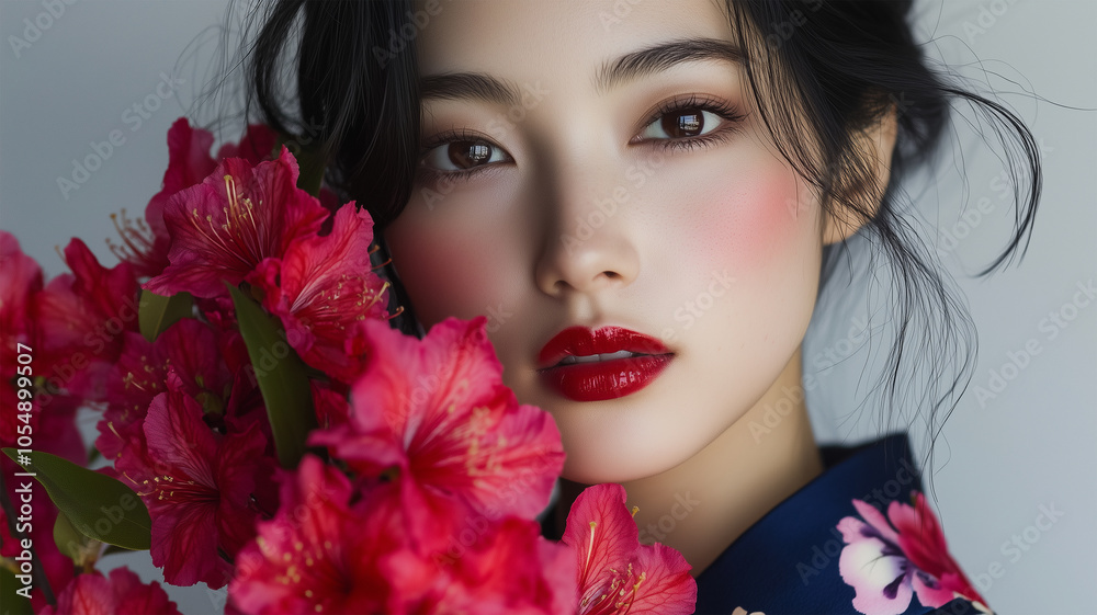 Fototapeta premium ツツジと着物姿の女性