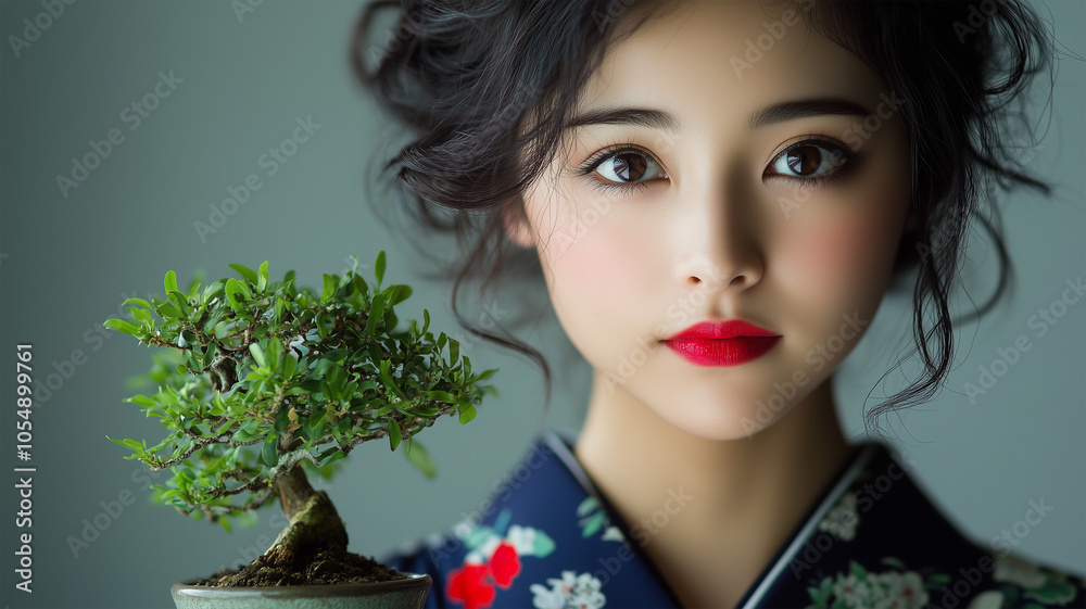 Naklejka premium 盆栽と着物姿の女性