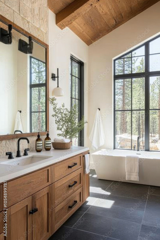 Modern bathroom design features spacious layout with freestanding bathtub, wooden cabinetry, and large windows that provide natural light and view of outdoors. combination of materials creates serene Modern bathroom design features spacious layout with freestanding bathtub, wooden cabinetry, and large windows that provide natural light and view of outdoors. combination of materials creates serene