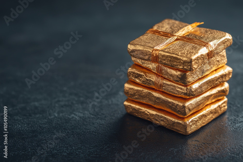 Golden bars stacked neatly, symbolizing wealth and prosperity, with dark textured background enhancing their shine and allure