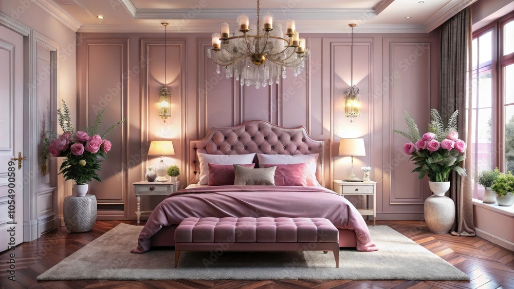 Elegant Pink Luxury Bedroom Interior with Cozy Textures, Modern Furniture, Soft Lighting, and Stylish Decor for a Serene Retreat Experience