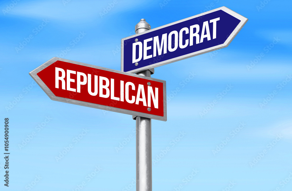 Democrat Vs Republican on Signboard 3d rendered with sky in the backdrop. Presidential election USA concept background Democrat Vs Republican on Signboard 3d rendered with sky in the backdrop. Presidential election USA concept background