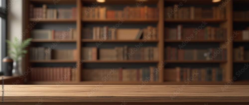 selective focus Counter bar, wood texture on library bookshelves room, with blurred room background selective focus Counter bar, wood texture on library bookshelves room, with blurred room background
