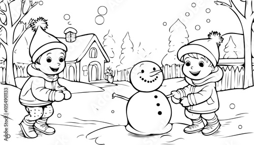 Coloring page : children enjoying their christmas holiday by playing with friends