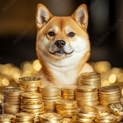 Shiba Inu dog surrounded by stacks of gold coins, looking happy and prosperous