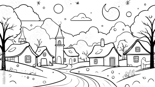 Christmas coloring page of christmas village in winter