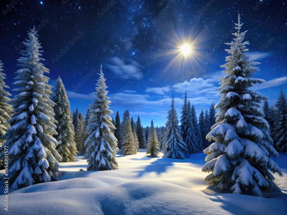 Enchanted Snowy Winter Landscape with Evergreen Trees Under Starry Night Sky Enchanted Snowy Winter Landscape with Evergreen Trees Under Starry Night Sky