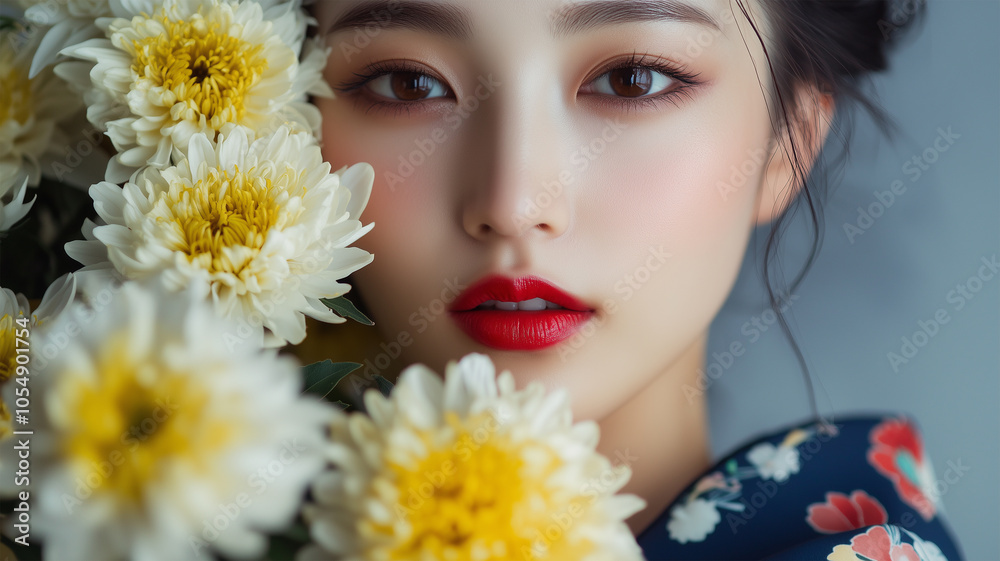 菊と着物姿の女性 菊と着物姿の女性